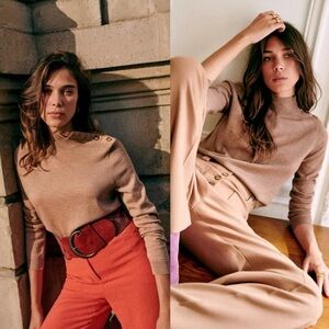 Sezane Jacob‎ Sweater Button Shoulder Merino Wool Camel Size Medium French Knit